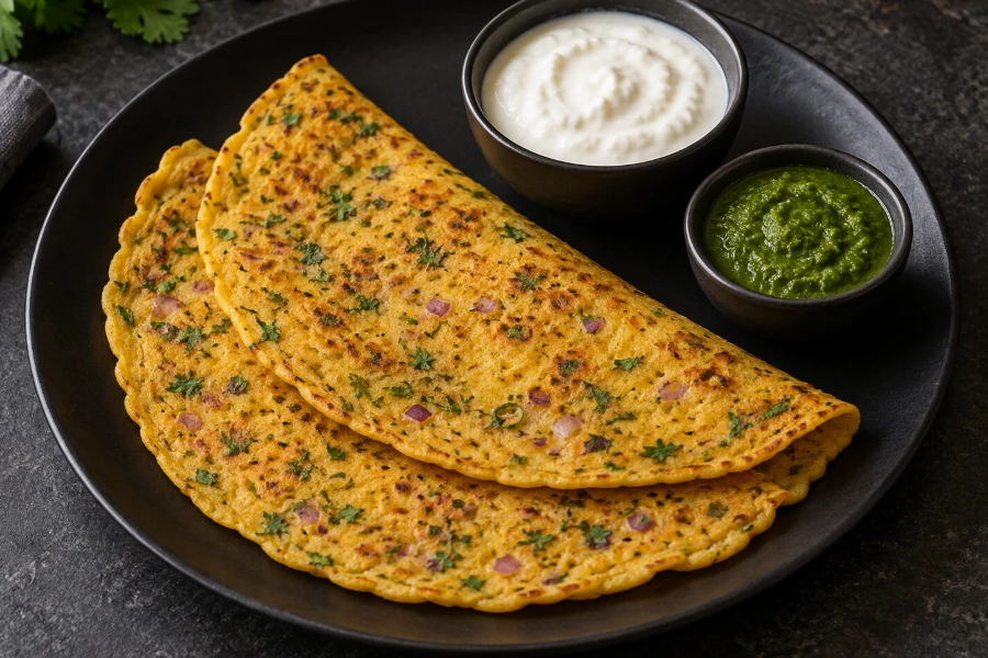 Besan chilla with mint chutney and curd